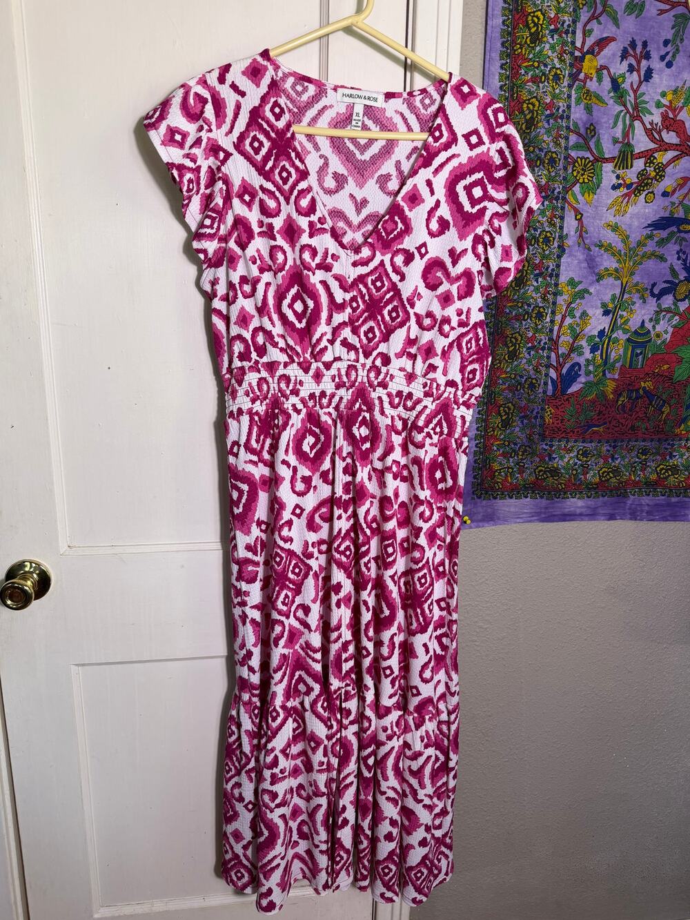 Harlow & Rose XL Pink Ikat Maxi Dress Flutter Sleeve Smocked Waist Boho